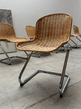 SET OF 6 GASTONE RINALDI RATTAN CANE CANTILEVER DINING CHAIRS WITH CHROMED TUBULAR STEEL FRAME, ITALY 1960s