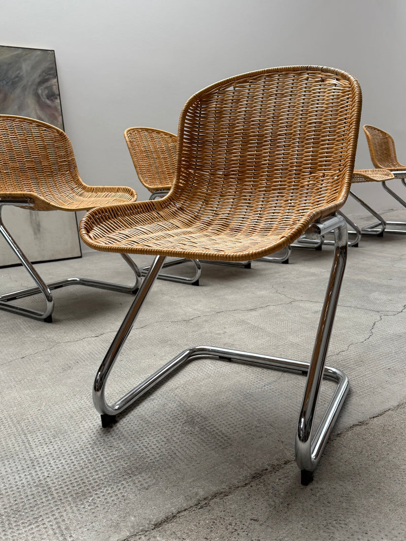 SET OF 6 GASTONE RINALDI RATTAN CANE CANTILEVER DINING CHAIRS WITH CHROMED TUBULAR STEEL FRAME, ITALY 1960s