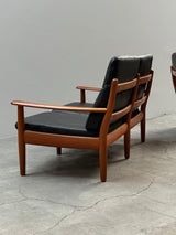 WILHELM KNOLL TEAK WOOD LEATHER BLACK ARMCHAIRS & 2-SEATER SOFA, GERMANY 1960s
