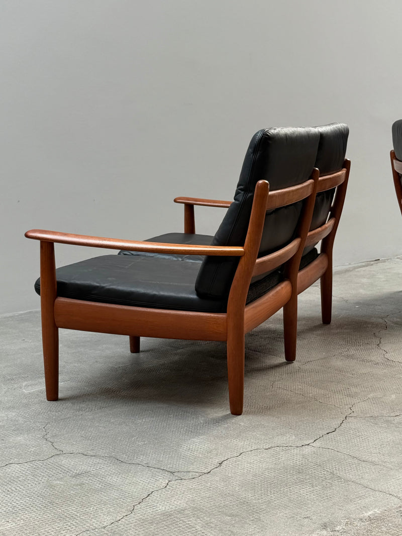 WILHELM KNOLL TEAK WOOD LEATHER BLACK ARMCHAIRS & 2-SEATER SOFA, GERMANY 1960s