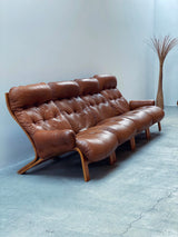 Elsa & Nordahl Solheim für Rykken & Co. Modular Sessel Sofa Sitzgruppe Teakholz Cognac Leder, Norwegen 1970er Jahre