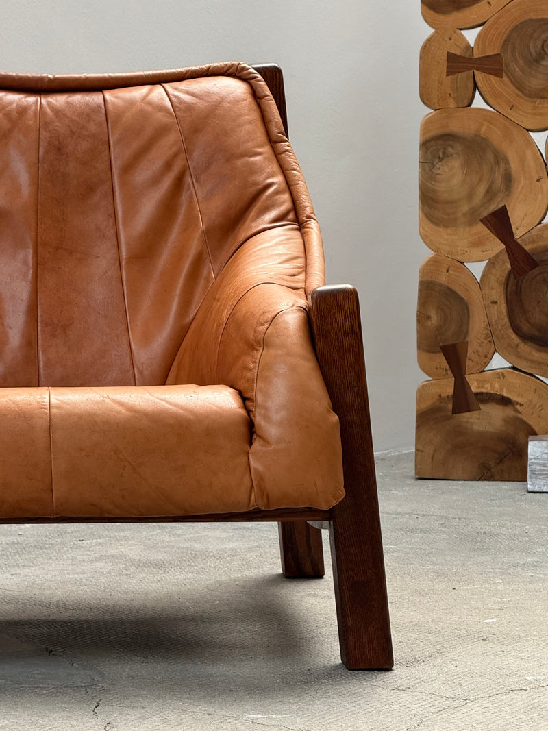 BRAZILIAN DESIGN ARMCHAIR & SOFA  OAK WOOD CAMEL LEATHER, 1970s