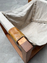 HEINZ WITTHOEFT „TAIL 4“ SCULPTURAL LOUNGE CHAIR, PINE WOOD CANVAS LEATHER, GERMANY 1950s