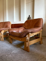 MAISON REGAIN ARMCHAIR, 2-SEATER & OTTOMAN SET LEATHER OAK WOOD, FRANCE 1960s
