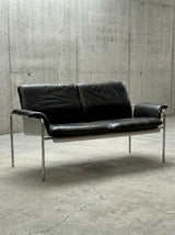 RARE TUBULAR STEEL, ALUMINIUM & BROWN LEATHER 2-SEATER SOFA, GERMANY 1960s