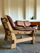 MAISON REGAIN ARMCHAIR, 2-SEATER & OTTOMAN SET LEATHER OAK WOOD, FRANCE 1960s