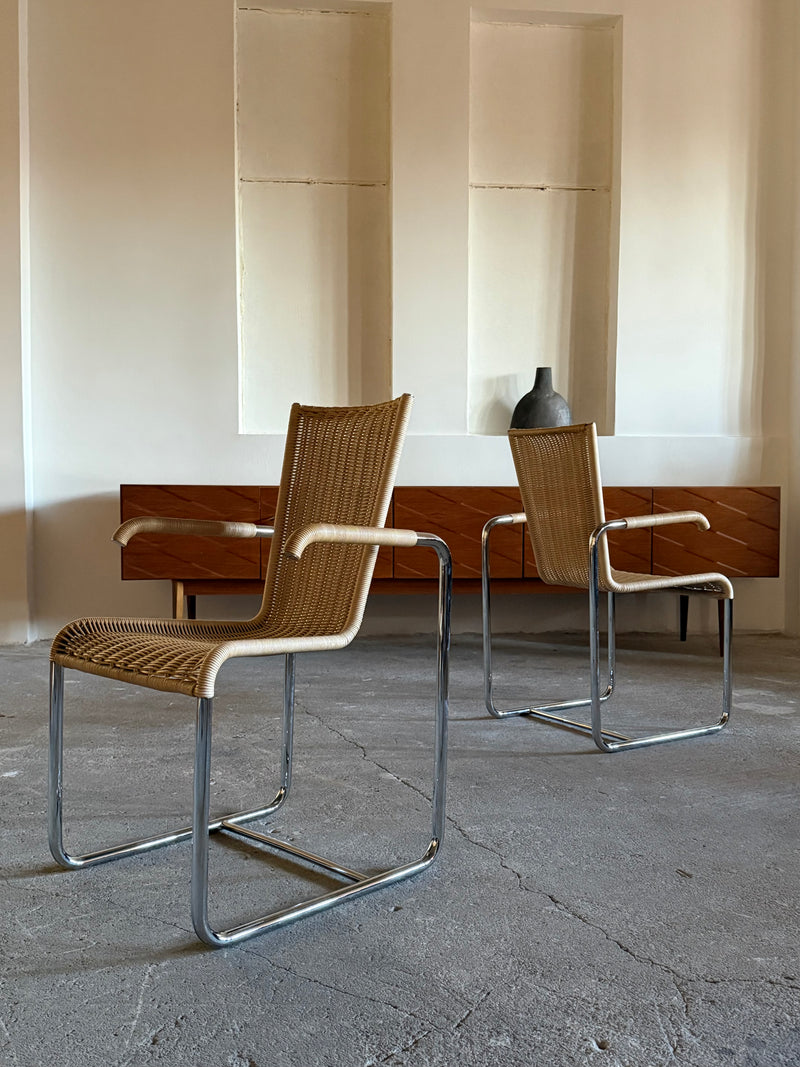 SET OF 2 TECTA D20 RATTAN TUBULAR STEEL CANTILEVER CHAIRS, GERMANY 1980s