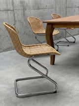 SET OF 6 RATTAN CANE CANTILEVER CHAIRS WITH CHROMED TUBULAR STEEL FRAME, ITALY 1970s