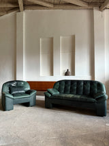 KNOLL SITZMÖBEL BRUTALIST ARMCHAIR & SOFA SET IN THICK GREEN LEATHER, GERMANY 1970s
