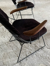 CEES BRAAKMAN & ADRIAAN DECKER FOR PASTOE „FM06“ WIRE CHAIRS TEAK ARMREST VELVET CORDUROY, NETHERLANDS 1950s