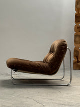 BROWN SUEDE & CANVAS LOUNGE CHAIRS IN CHROMED STEEL FRAME & COFFEE TABLE, 1960s