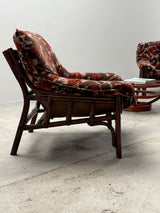 SET OF 2 BAMBOO CHAIRS WITH FLORAL PATTERN & COFFEE TABLE, ITALY 1970s