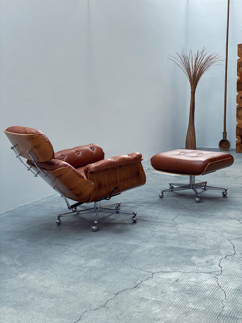 Martin Stoll für Giroflex „Lounge Chair“ mit Ottoman Cognac Leder Chrom Schweiz 1960er Jahre