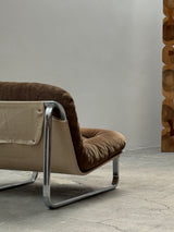 BROWN SUEDE & CANVAS LOUNGE CHAIRS IN CHROMED STEEL FRAME & COFFEE TABLE, 1960s