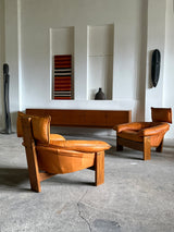 BRAZILIAN DESIGN BRUTALIST SEATING GROUP LEATHER OAK, 1970s