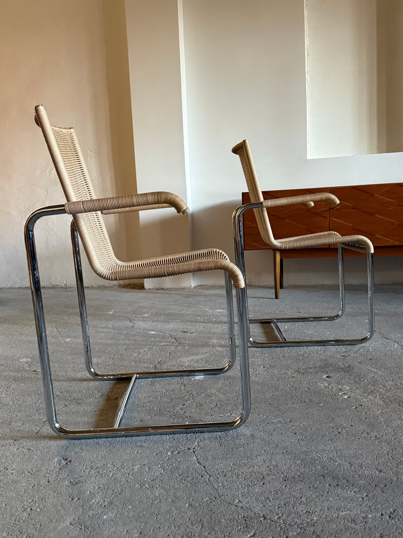 SET OF 2 TECTA D20 RATTAN TUBULAR STEEL CANTILEVER CHAIRS, GERMANY 1980s