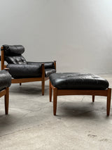 ERIC MERTHEN FOR IRE MÖBLER OAK LEATHER ARMCHAIR + OTTOMAN, SWEDEN 1960s