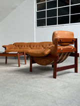 Percival Lafer MP-41 Set Sofa Sessel Ottoman Couchtisch Cognac Leder, Brasilien 1970er Jahre