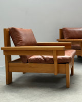 MODULAR ARMCHAIR SOFA SET SOLID PINE COGNAC LEATHER, SCANDINAVIA 1970s