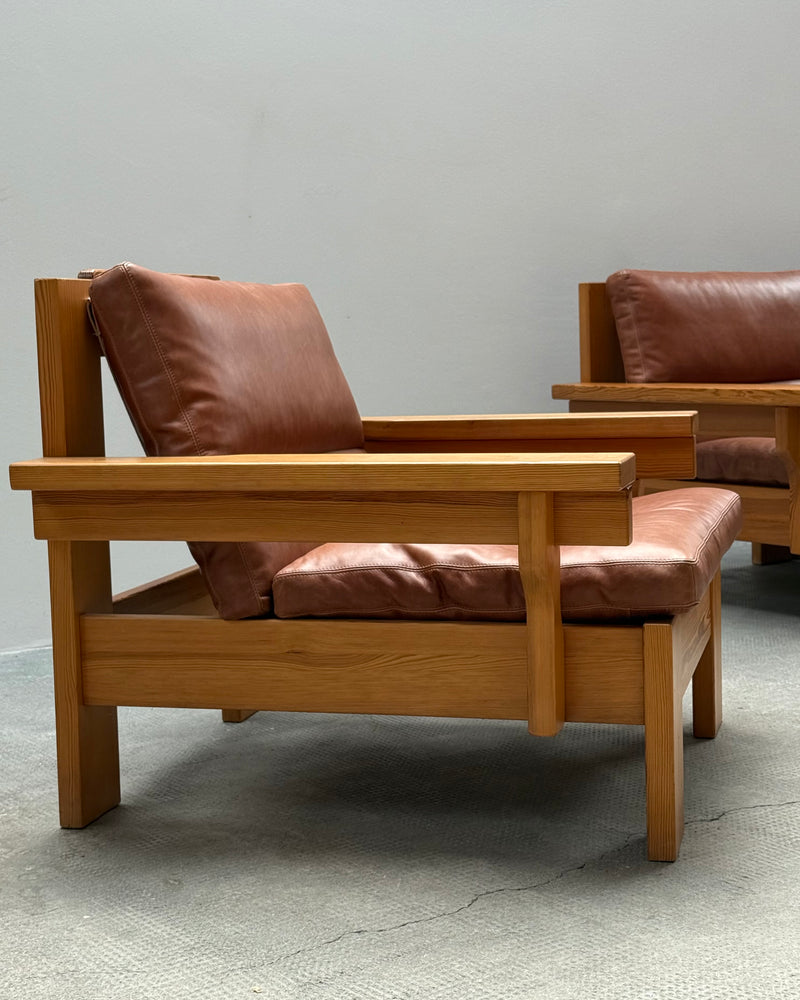 MODULAR ARMCHAIR SOFA SET SOLID PINE COGNAC LEATHER, SCANDINAVIA 1970s