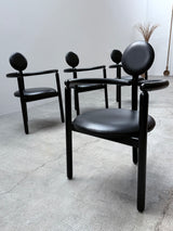 4 VICO MAGISTRETTI „PAN“ CHAIRS FOR ROSENTHAL ASH WOOD & BLACK LEATHER, 1980s