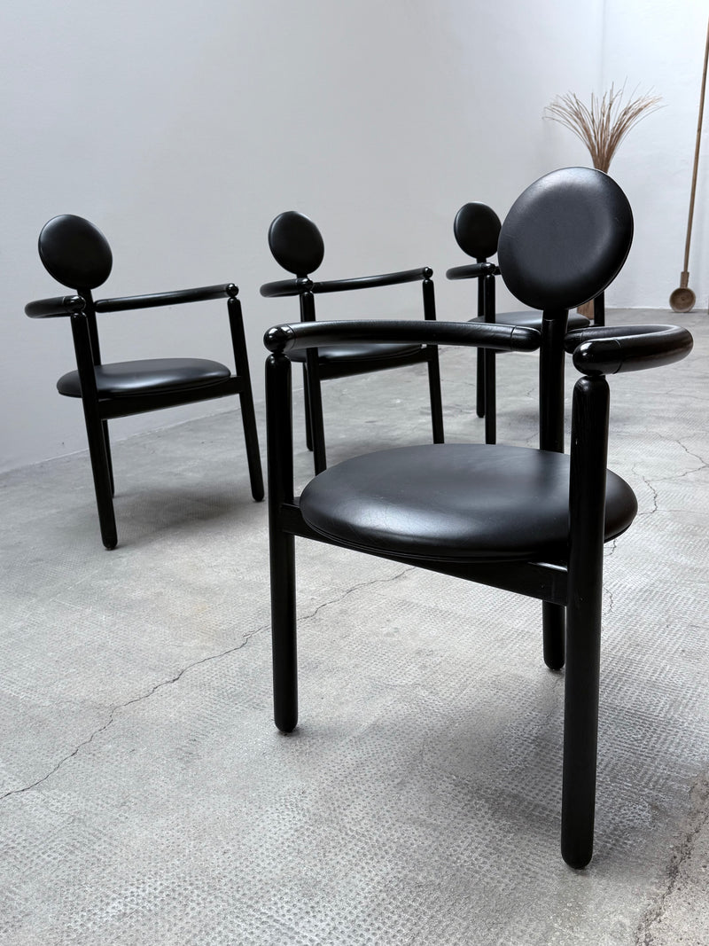 4 VICO MAGISTRETTI „PAN“ CHAIRS FOR ROSENTHAL ASH WOOD & BLACK LEATHER, 1980s