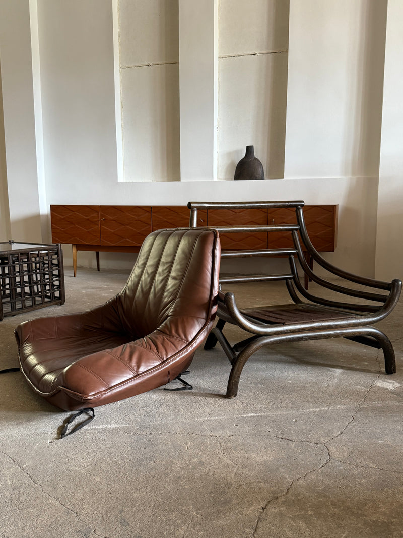 SET OF 2 BAMBOO BROWN LEATHER ARMCHAIRS & COFFEE TABLES, ITALY 1970s