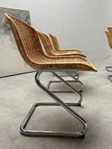 SET OF 6 GASTONE RINALDI RATTAN CANE CANTILEVER DINING CHAIRS WITH CHROMED TUBULAR STEEL FRAME, ITALY 1960s