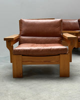 MODULAR ARMCHAIR SOFA SET SOLID PINE COGNAC LEATHER, SCANDINAVIA 1970s