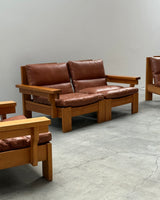 MODULAR ARMCHAIR SOFA SET SOLID PINE COGNAC LEATHER, SCANDINAVIA 1970s