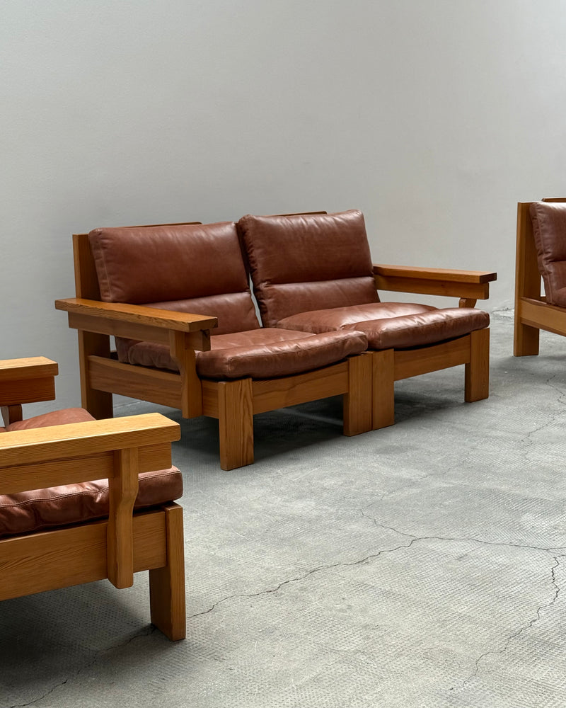 MODULAR ARMCHAIR SOFA SET SOLID PINE COGNAC LEATHER, SCANDINAVIA 1970s