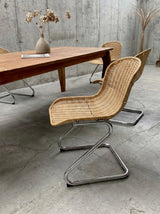 SET OF 6 RATTAN CANE CANTILEVER CHAIRS WITH CHROMED TUBULAR STEEL FRAME, ITALY 1970s