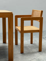 DERK JAN DE VRIES FOR MAISA DE SEVESO DINING TABLE & 4 CHAIRS SET ASH WOOD RATTAN, ITALY 1970S