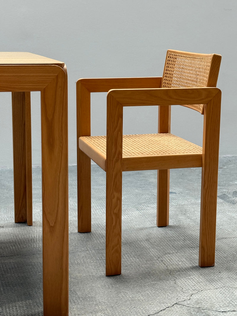 DERK JAN DE VRIES FOR MAISA DE SEVESO DINING TABLE & 4 CHAIRS SET ASH WOOD RATTAN, ITALY 1970S