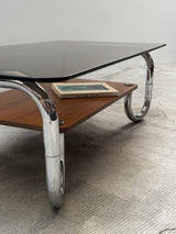 XL MIDCENTURY COFFEE TABLE CHROMED TUBULAR STEEL BROWN GLASS, 1960s