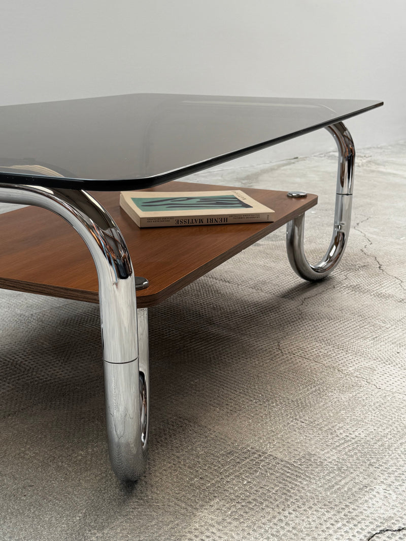 XL MIDCENTURY COFFEE TABLE CHROMED TUBULAR STEEL BROWN GLASS, 1960s
