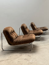 BROWN SUEDE & CANVAS LOUNGE CHAIRS IN CHROMED STEEL FRAME & COFFEE TABLE, 1960s