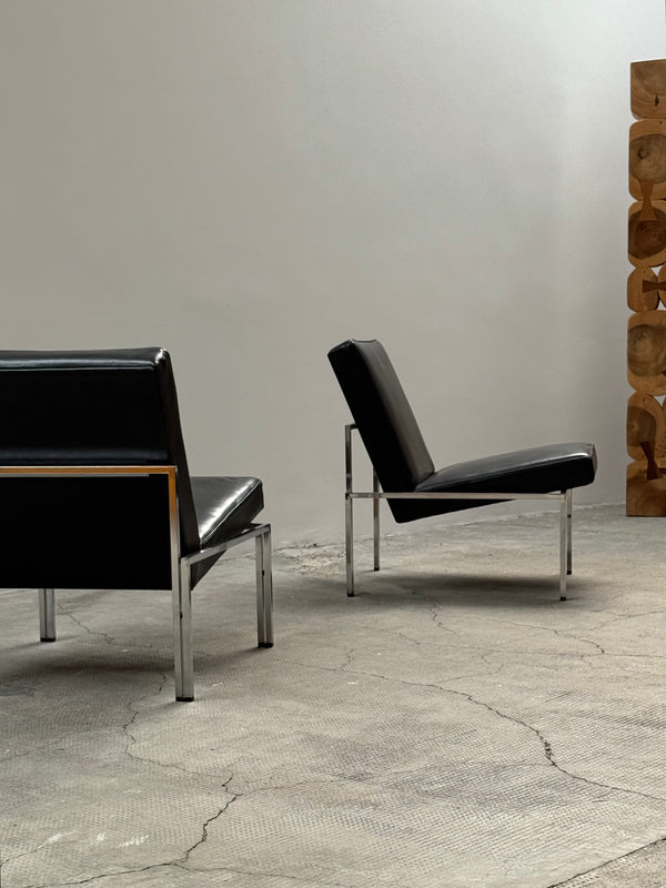 SET OF 2 BAUHAUS ARMCHAIRS BLACK LEATHER CHROMED TUBULAR STEEL, 1960S