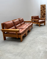 MODULAR ARMCHAIR SOFA SET SOLID PINE COGNAC LEATHER, SCANDINAVIA 1970s