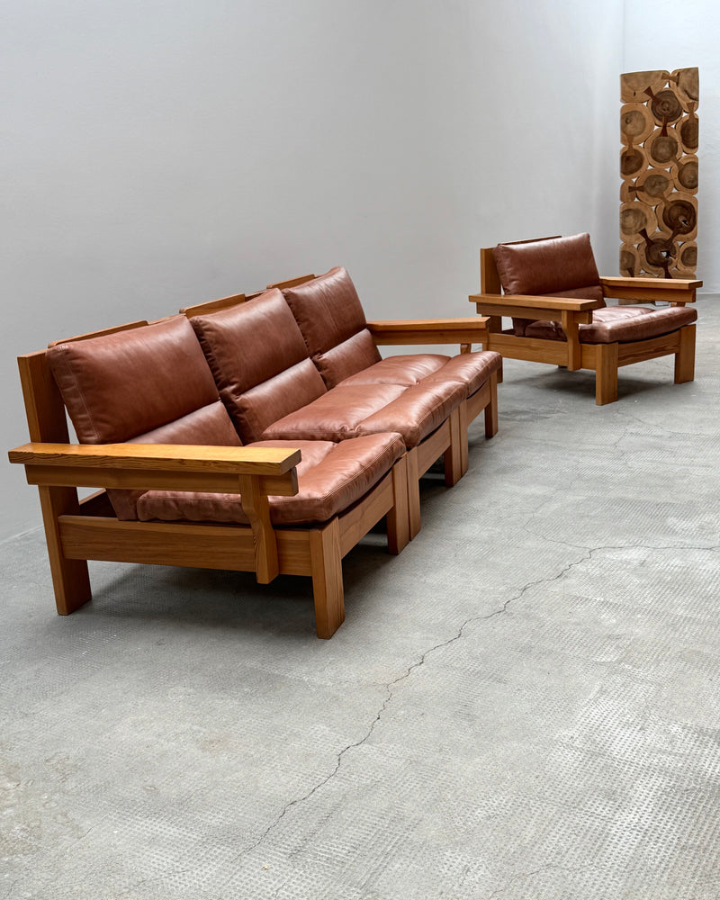 MODULAR ARMCHAIR SOFA SET SOLID PINE COGNAC LEATHER, SCANDINAVIA 1970s