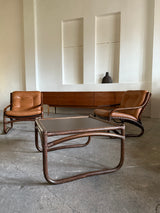 IKEA „BADEN“ BAMBOO COGNAC LEATHER SEATING GROUP 2 ARMCHAIRS, SOFA & COFFEE TABLE, SWEDEN 1970s