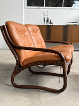 IKEA „BADEN“ BAMBOO COGNAC LEATHER SEATING GROUP 2 ARMCHAIRS, SOFA & COFFEE TABLE, SWEDEN 1970s