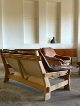 MAISON REGAIN ARMCHAIR, 2-SEATER & OTTOMAN SET LEATHER OAK WOOD, FRANCE 1960s