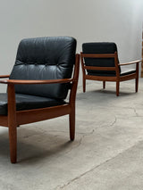 WILHELM KNOLL TEAK WOOD LEATHER BLACK ARMCHAIRS & 2-SEATER SOFA, GERMANY 1960s