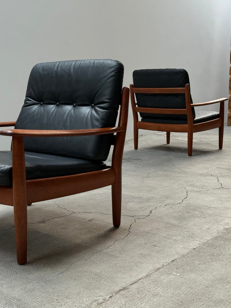 WILHELM KNOLL TEAK WOOD LEATHER BLACK ARMCHAIRS & 2-SEATER SOFA, GERMANY 1960s