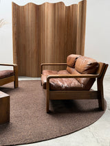 ROLF BENZ ARMCHAIR & SOFA SET OAK BROWN SADDLE LEATHER, GERMANY 1970s
