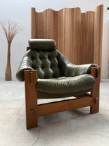 SET OF 2 GRAFTON EVEREST ARMCHAIRS OAK & GREEN LEATHER, SOUTH AFRICA 1970s