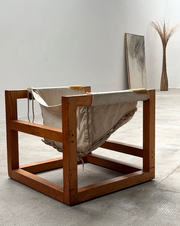 HEINZ WITTHOEFT „TAIL 4“ SCULPTURAL LOUNGE CHAIR, PINE WOOD CANVAS LEATHER, GERMANY 1950s