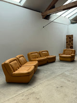 DREIPUNKT MODULAR SECTIONAL SOFA ARMCHAIRS LEATHER YELLOW, GERMANY 1970s