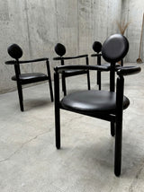 4 VICO MAGISTRETTI „PAN“ CHAIRS FOR ROSENTHAL ASH WOOD & BLACK LEATHER, 1980s